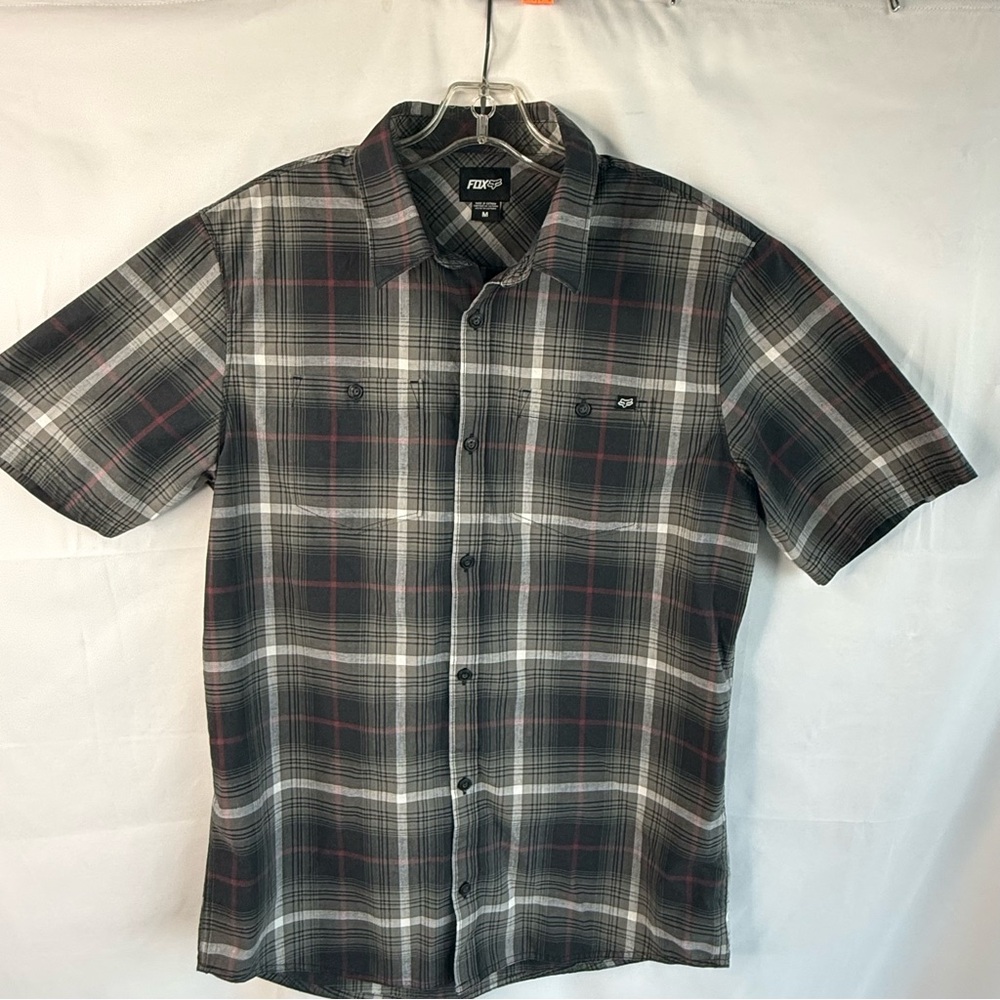 FOX Men’s Medium Black and Red Plaid Button-Down Short Sleeve Shirt EUC